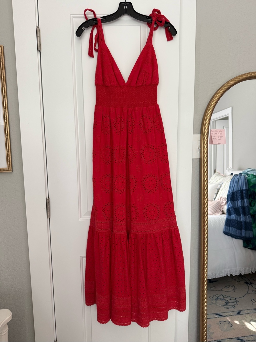 Alice + Olivia Bright Red Eyelet Tie-Shoulder Maxi Dress